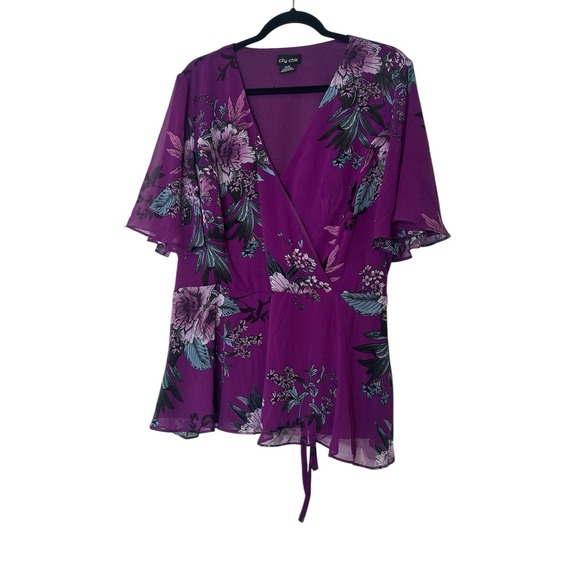 City Chic Top women's Size 14 Floral Purple v-neck Short Sleeve Summer Sheer Slv - Picture 1 of 6